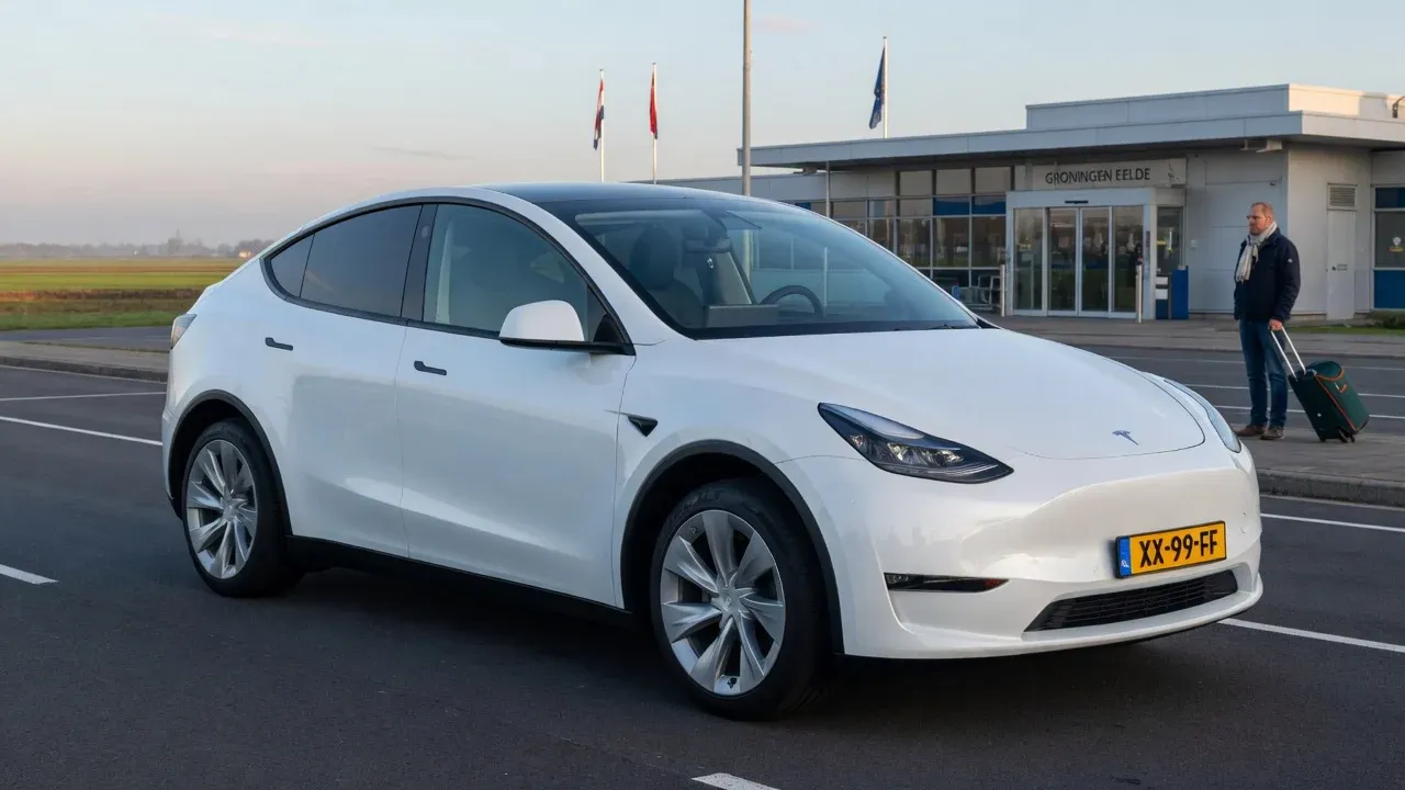 Witte Tesla Model Y voor de terminal van Groningen Airport Eelde