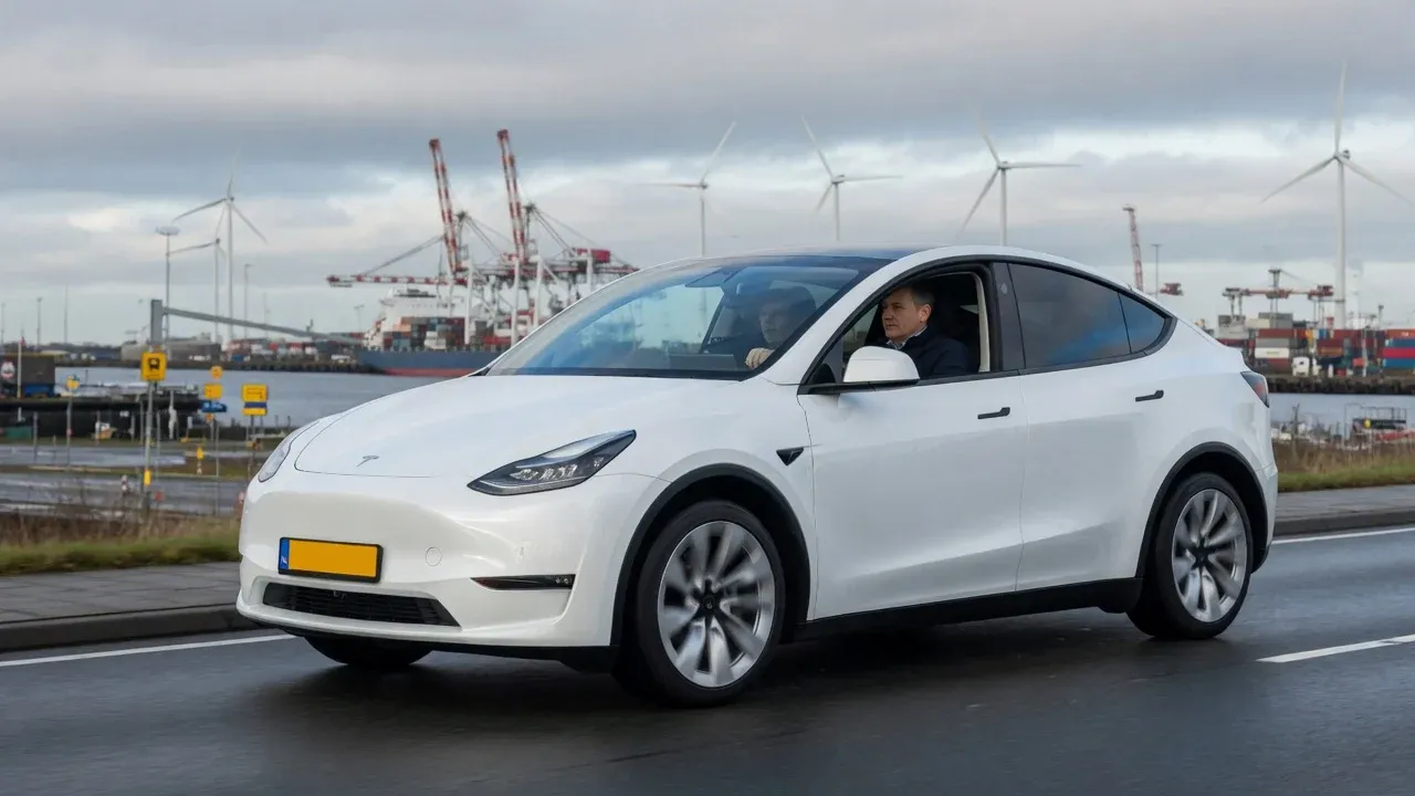 Witte Tesla Model Y onderweg langs de Eemshaven met windturbines en havenkranen