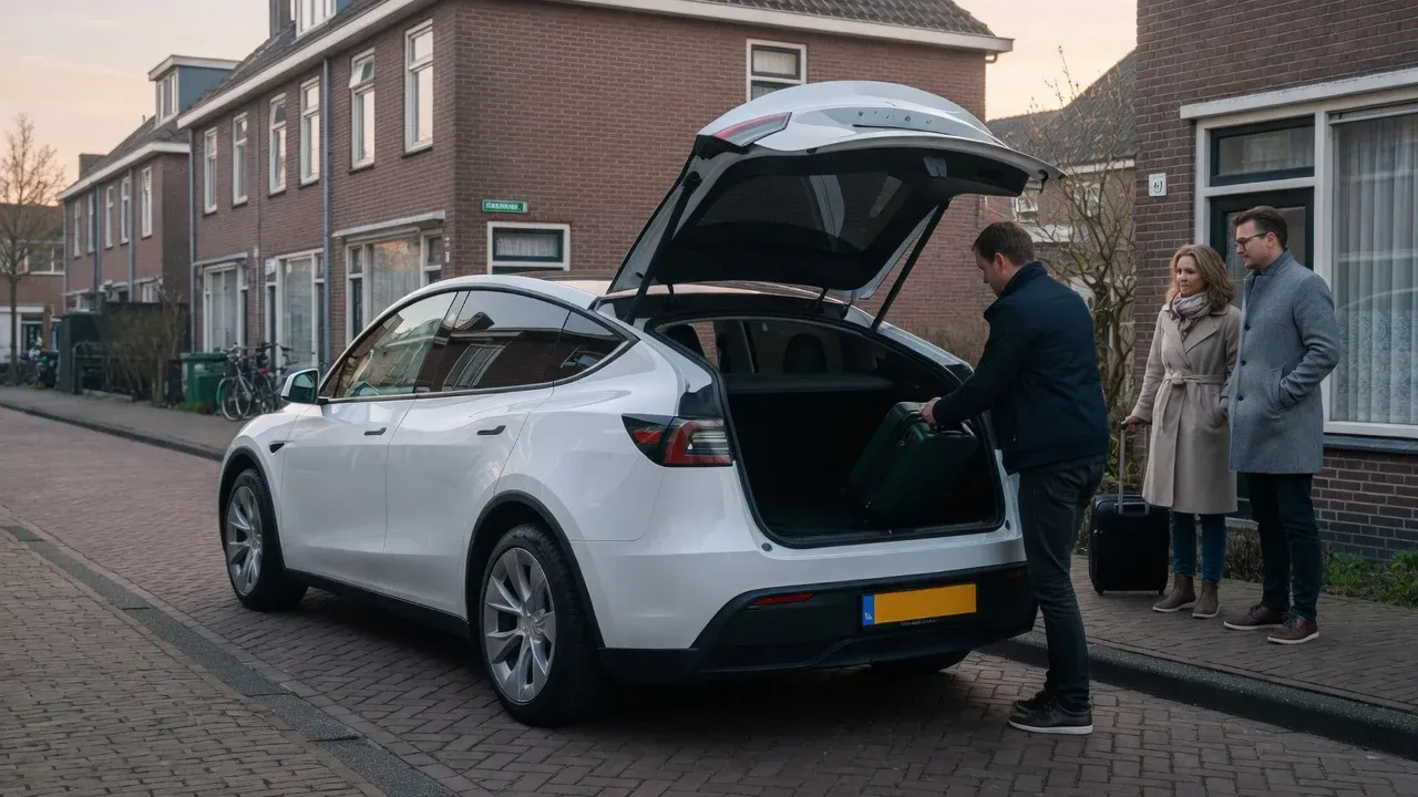 Witte Tesla Model Y in een straat in Groningen; de chauffeur laadt de koffers in