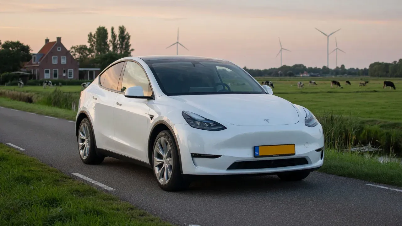 Witte Tesla Model Y op een polderweg tussen de Friese weilanden