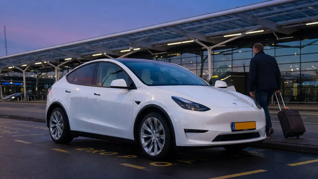 Witte Tesla Model Y bij de vertrekhal van Schiphol, een reiziger met koffer loopt naar de ingang