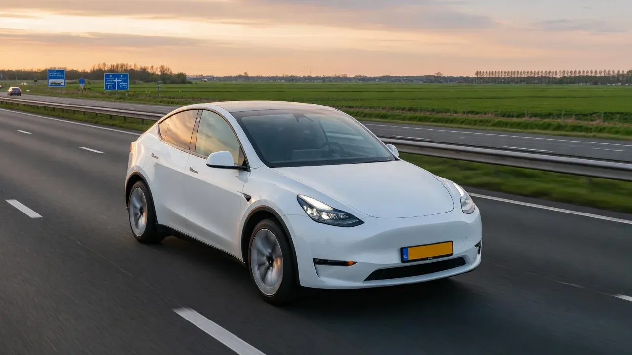 Witte Tesla Model Y op de snelweg door het vlakke Noord-Nederlandse landschap