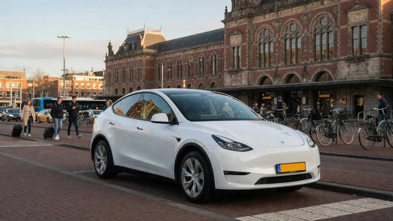 Witte Tesla Model Y bij het stationsgebouw van Groningen