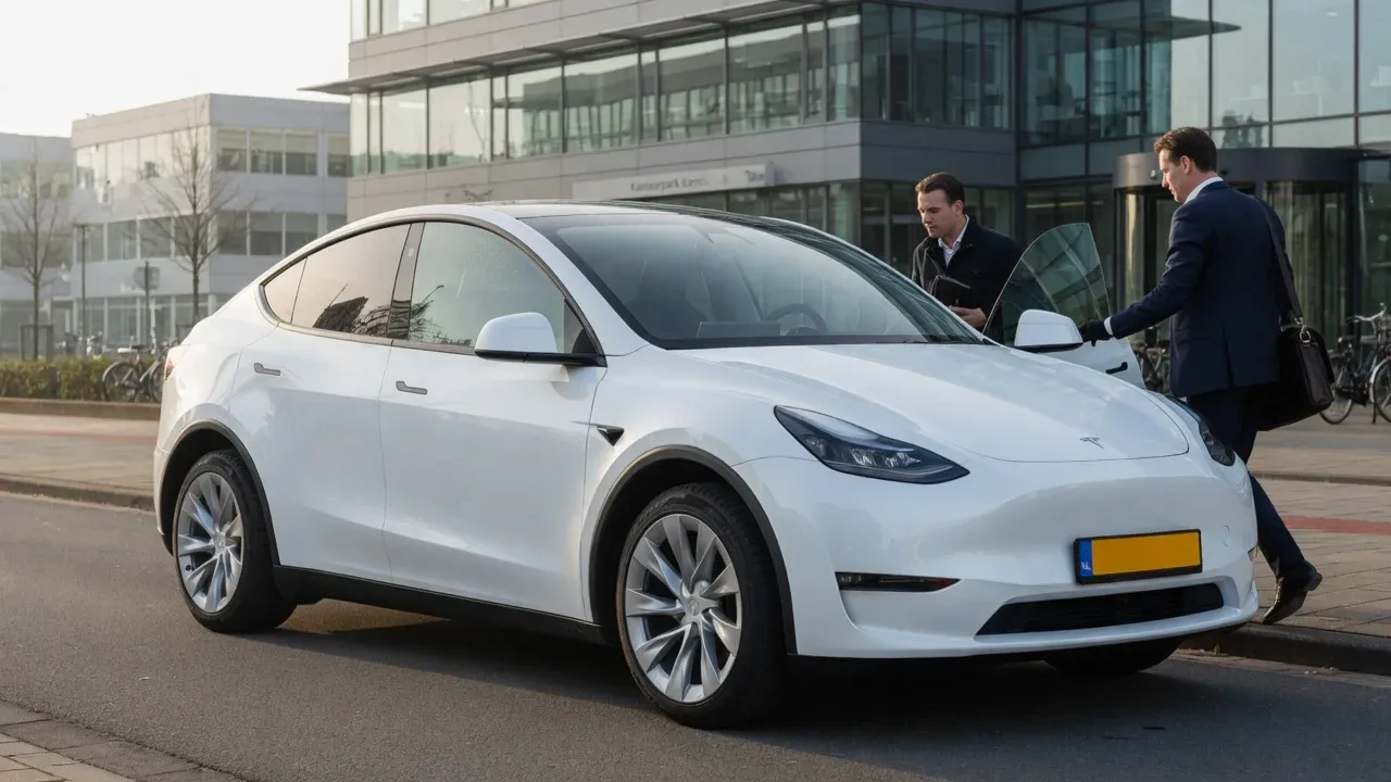 Zakelijke reiziger stapt in de witte Tesla Model Y bij een kantoorgebouw in Groningen