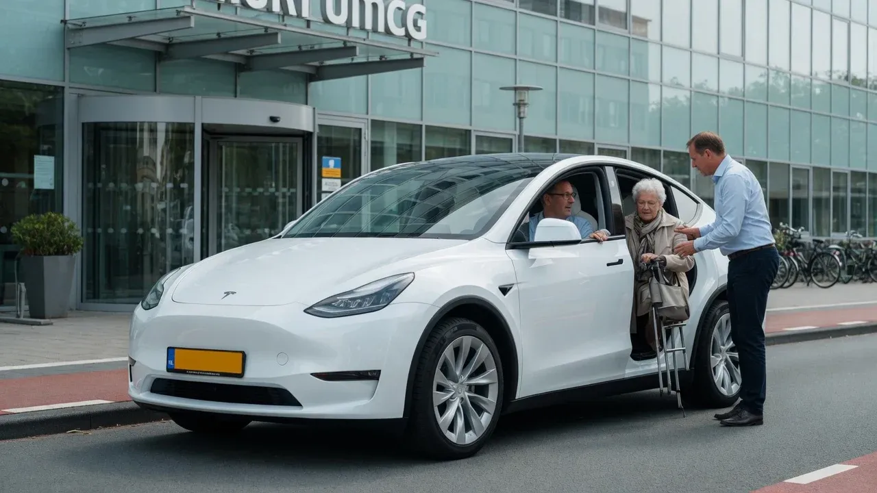 Witte Tesla Model Y bij de ingang van een ziekenhuis; de chauffeur helpt een oudere vrouw uitstappen