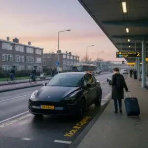 Elektrische Tesla Model Y klaar voor vertrek naar Schiphol