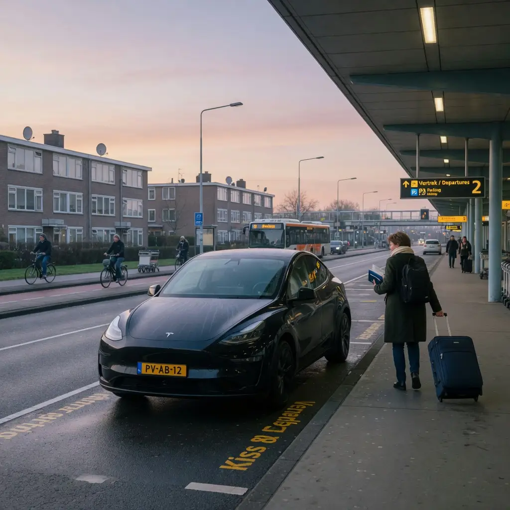 Elektrische Tesla Model Y klaar voor vertrek naar Schiphol
