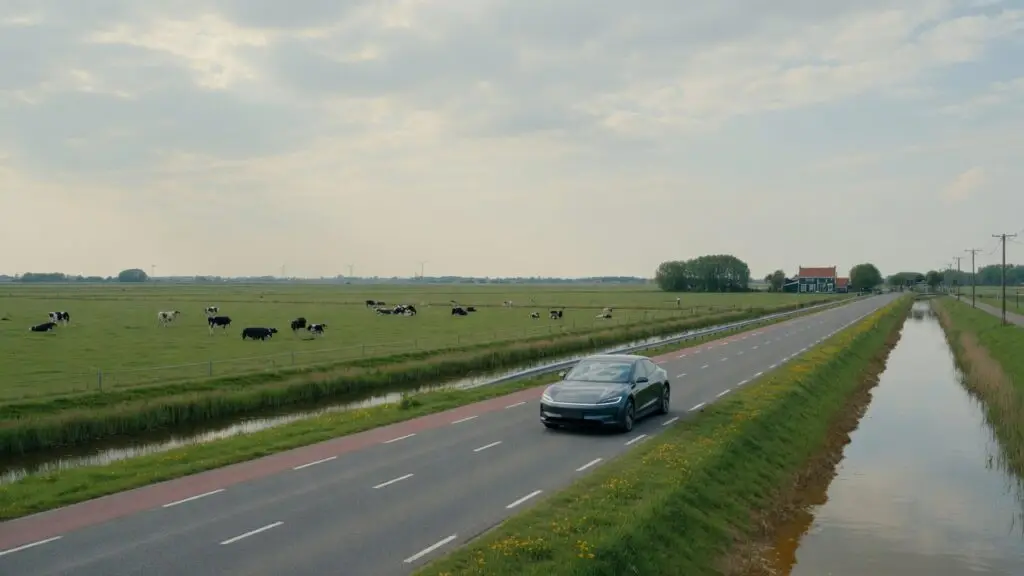 Elektrische taxi op een provinciale weg tussen de weilanden