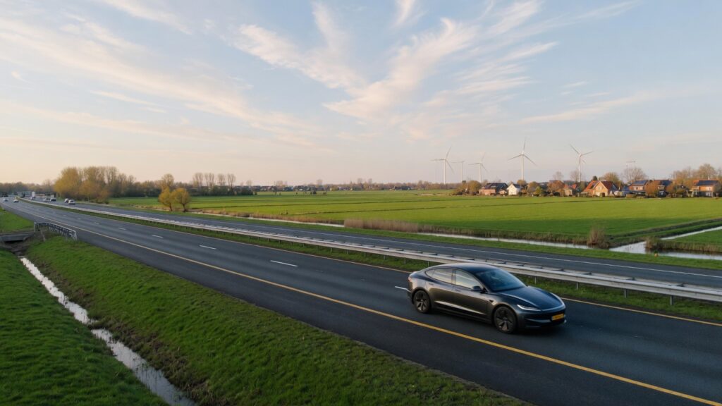 Elektrische taxi op de snelweg door het vlakke noordelijke landschap